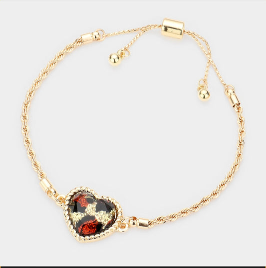 Leopard Glittered Heart Pull Tie Cinch Charm Bracelet