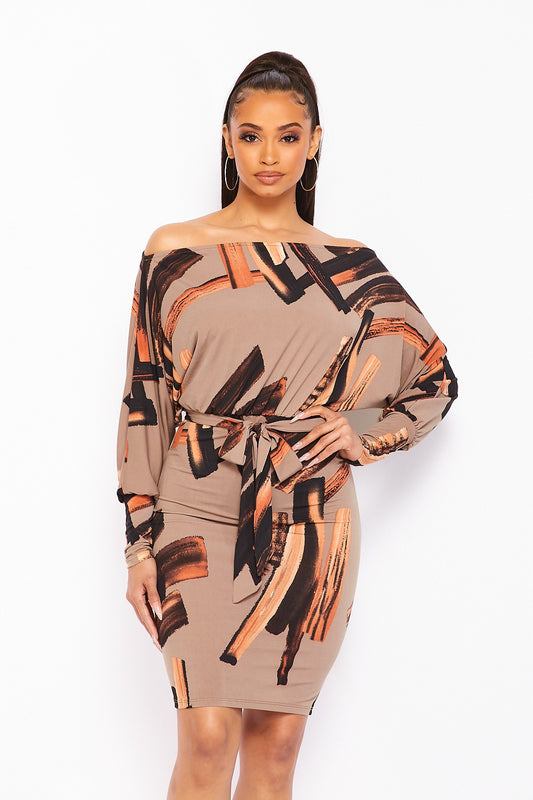 Off shoulder mini dress with self waist tie