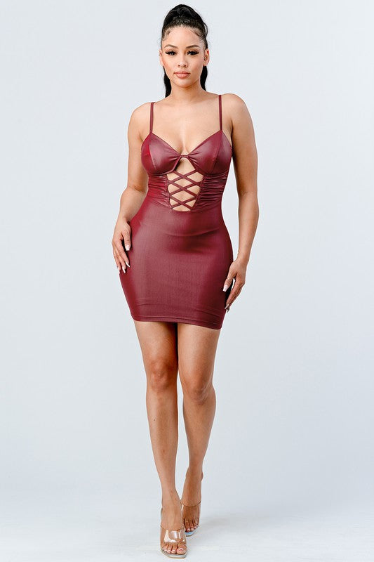 LUX COATING CRISS CROSS BODYCON MINI DRESS