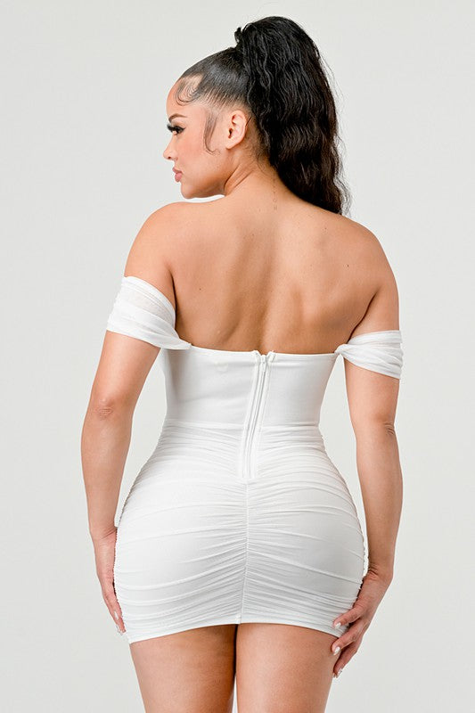 LUXE DRAPED OFF SHOULDER CORSET MINI DRESS