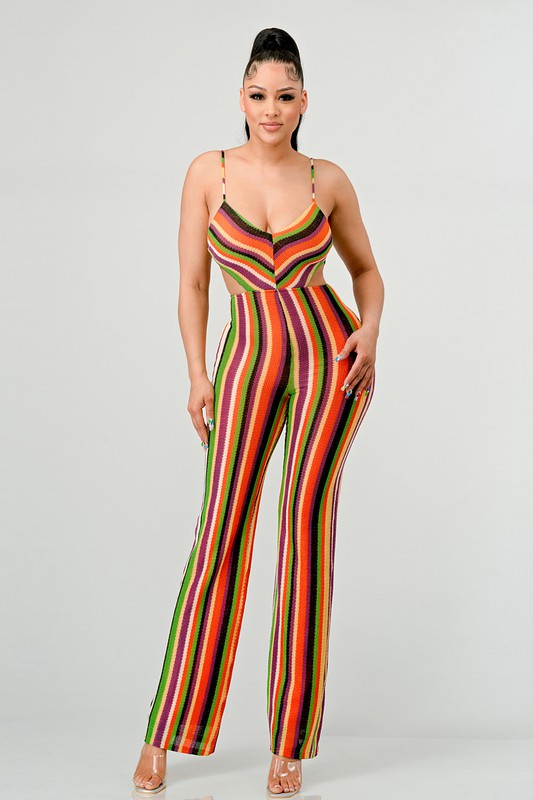 MULTI COLOR CROCHET KNIT SIDE CUTOUTS JUMPSUIT