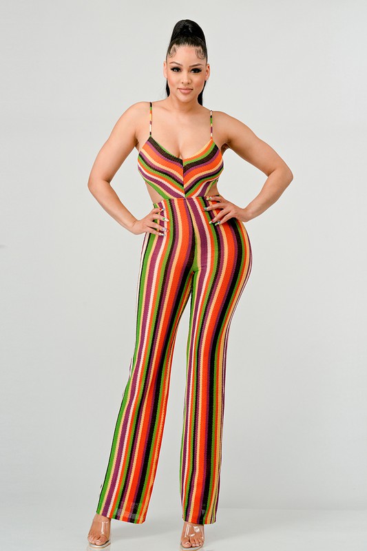 MULTI COLOR CROCHET KNIT SIDE CUTOUTS JUMPSUIT